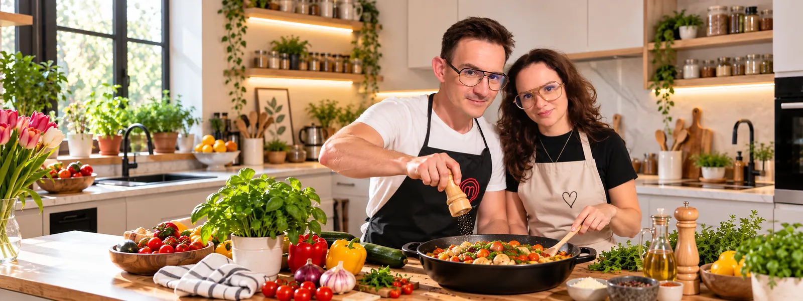Agnieszka i Michał wspólnie gotują w jasnej, przestronnej kuchni