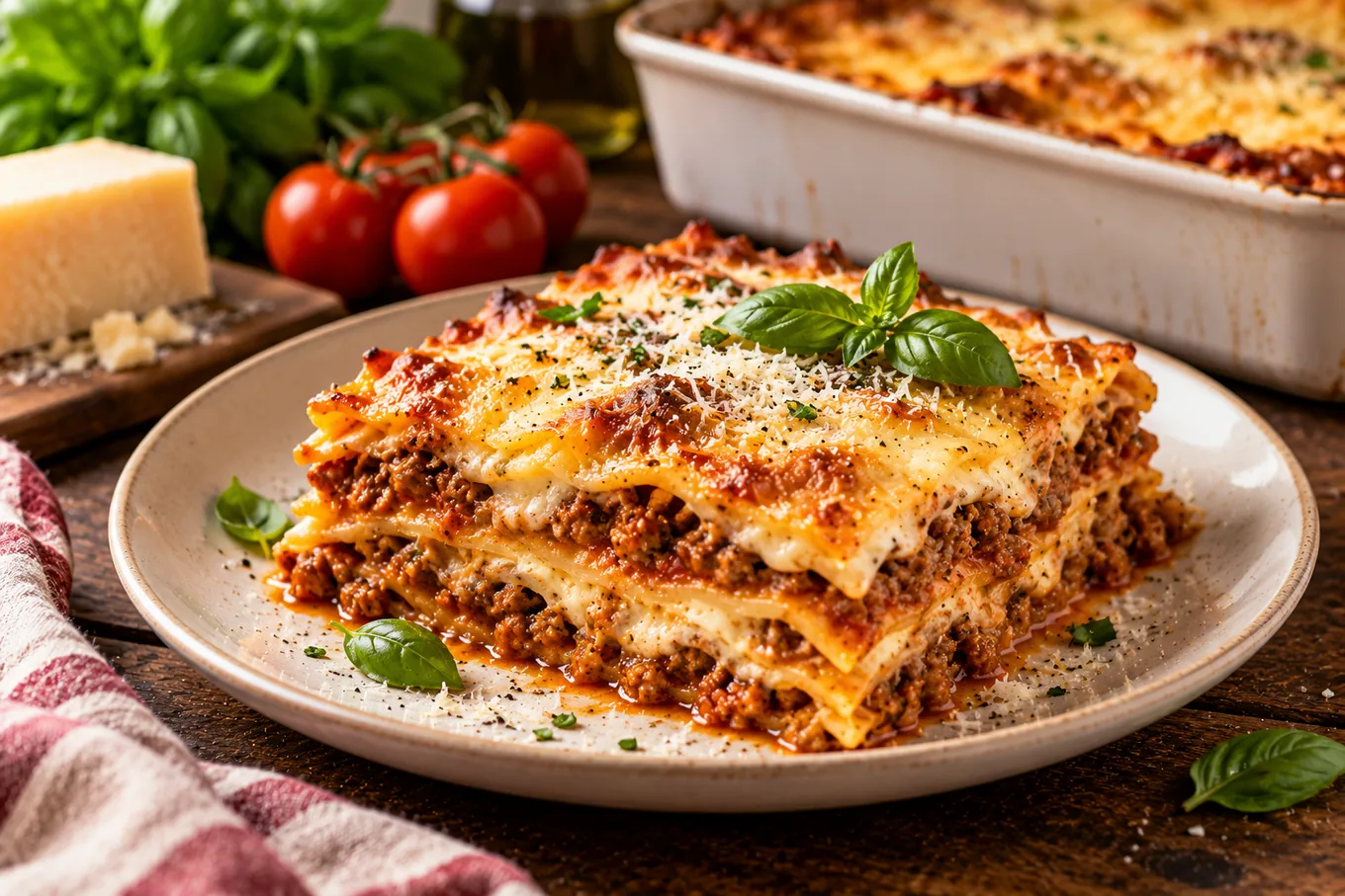 Lasagne alla Bolognese z beszamelem i parmezanem na talerzu