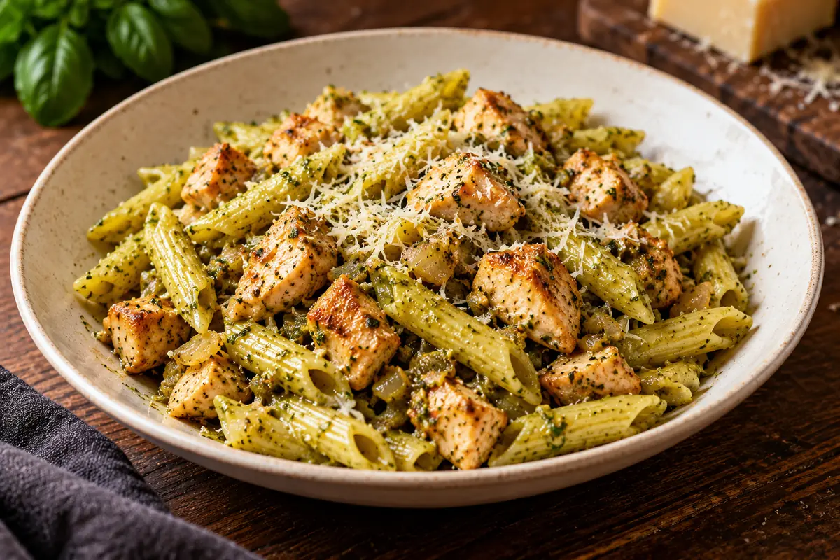 Makaron penne z pesto, kurczakiem i parmezanem