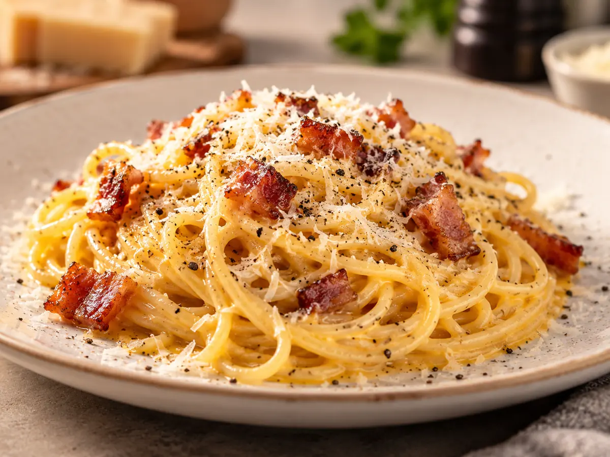 Spaghetti carbonara z wędzonym boczkiem, serem i czarnym pieprzem